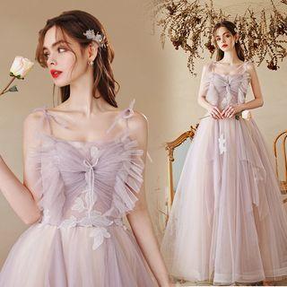 Tie-shoulder Mesh Ruffle A-line Evening Gown