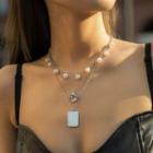 Tag Pendant Faux Pearl Layered Choker Necklace