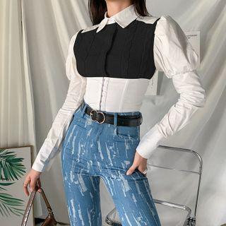 Long-sleeve Cable Knit Panel Shirt