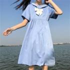 Short-sleeve Bow-accent Sailor Collar Midi A-line Dress White & Blue - One Size