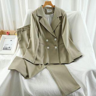 Set: Plain Double-breasted Blazer + High-waist Dress Pants