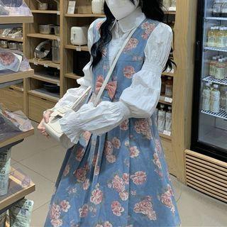 Floral Midi Overall Dress / Plain Blouse