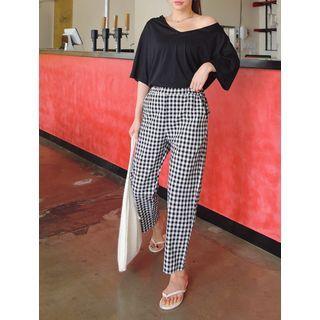 Plus Size Band-waist Gingham Baggy Pants