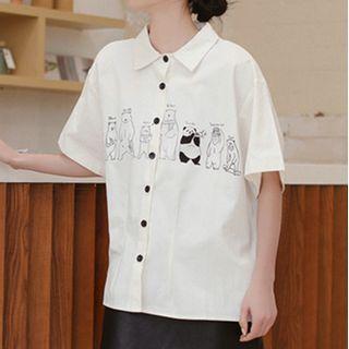 Elbow-sleeve Cartoon Print Shirt White - One Size
