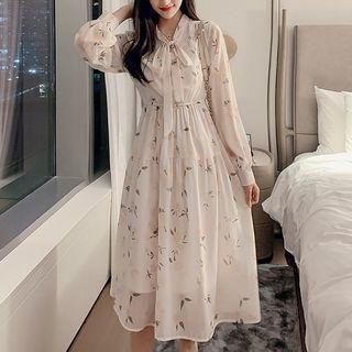 Long-sleeve Tie-neck Floral Print A-line Midi Dress