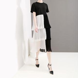 Chiffon Panel Short-sleeve Dress Black - One Size