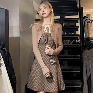 Spaghetti Strap Plaid Mini A-line Dress / Long-sleeve Tie-strap Cropped Cardigan