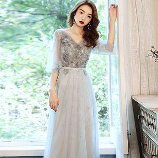 Elbow-sleeve Sequined Sheath Evening Gown