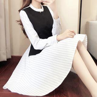 Mock Two Piece Striped Long Sleeve Flared Dress