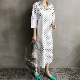 Polka-dot Long Shirtdress With Sash