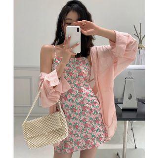 Spaghetti-strap Floral Mini A-line Dress / Shirt