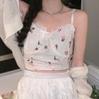 Lace Trim Floral Embroidered Cropped Camisole Top White - One Size