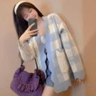 Gingham Panel Open-front Cardigan Blue - One Size