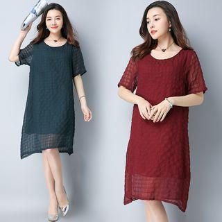 Check Elbow-sleeve Midi Shift Dress