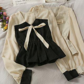 Ribbon-front Colorblock V-neck Top