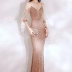 3/4-sleeve Cold-shoulder Sequined Sheath Evening Gown