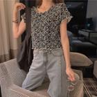 Flower Short-sleeve Slim-fit T-shirt Black - One Size