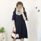 Lace Panel Collar Short-sleeve Dress Black - One Size
