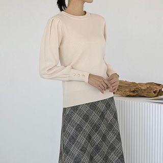 Puff-sleeve Buttoned-cuff Rib-knit Top