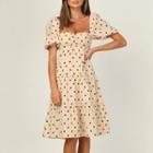 Puff-sleeve Dotted Tiered A-line Dress