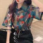 Drawstring-waist Printed Short-sleeve Button-up Shirt As Shown In Figure - One Size