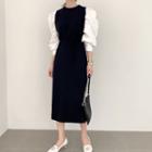 Mock Two-piece Puff-sleeve Midi Knit Dress