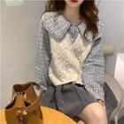 Puff-sleeve Plaid Blouse / Pointelle Sweater Vest