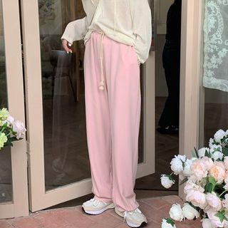 Plain Drawstring-waist Straight-cut Sweatpants