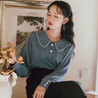 Button Accent Collared Long-sleeve Blouse