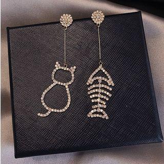 Non-matching Rhinestone Fish Bone & Cat Drop Earring
