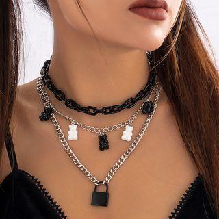 Set Of 3: Lock Pendant Alloy Necklace + Bear Alloy Necklace + Alloy Choker Set Of 3 - Silver & Black & White - One Size