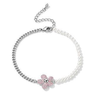 Rhinestone Flower Faux Pearl Chain Bracelet Silver - One Size