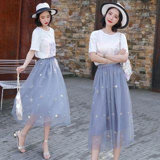 Set: Short-sleeve Sequined T-shirt + Overlay Midi Skirt