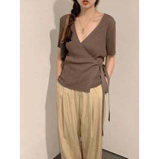 Ribbed Wrap-front Knit Top One Size