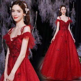Cold Shoulder Floral Applique A-line Evening Gown