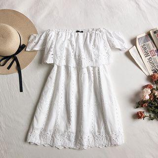 Off-shoulder Perforated Mini Dress White - One Size