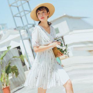 Floral Print Pleated Short-sleeve Dress