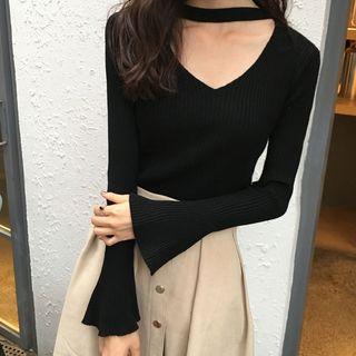 Halter V-neck Long-sleeve Slim-fit Knit Top