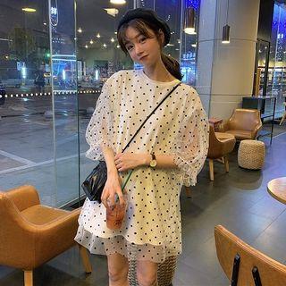 Elbow-sleeve Dotted Mesh Overlay T-shirt