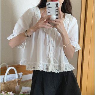 Short Sleeve Scoop Neck Eyelet Lace Trim Flowy Blouse White - One Size