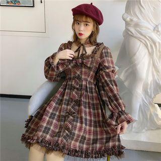 Long-sleeve Plaid A-line Dress As Shown In Figure - One Size