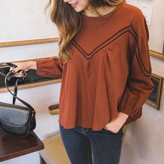 Puff-sleeve Embroidered-trim Top