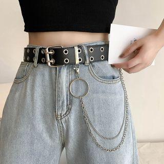 Set: Grommet Belt + Chain Belt - Black & Chain - Silver - One Size