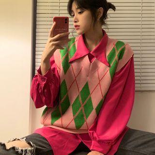 Argyle Knit Vest / Plain Loose-fit Blouse