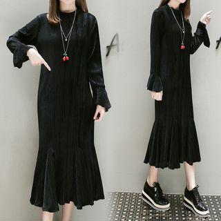 Long-sleeve Pleated Midi A-line Dress