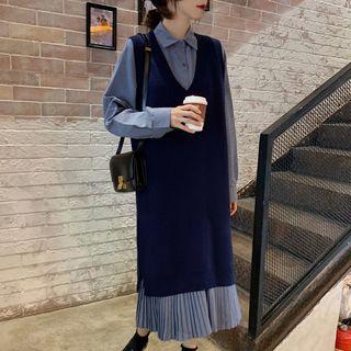 Long-sleeve Plain Shirtdress / V-neck Plain Knit Long Vest