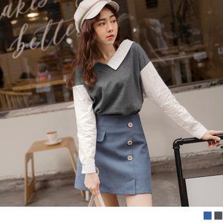 Asymmetric V-neck Two Tone Top