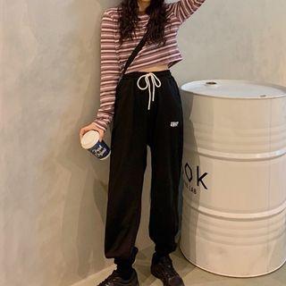 Long-sleeve Striped Cropped T-shirt / Letter Harem Pants