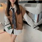 Striped Trim Button-up Sweater Vest / Long-sleeve Shirt
