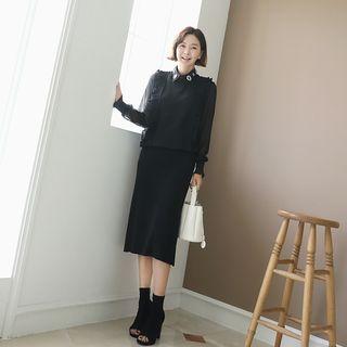 Tulle-sleeve Frilled Knit Top